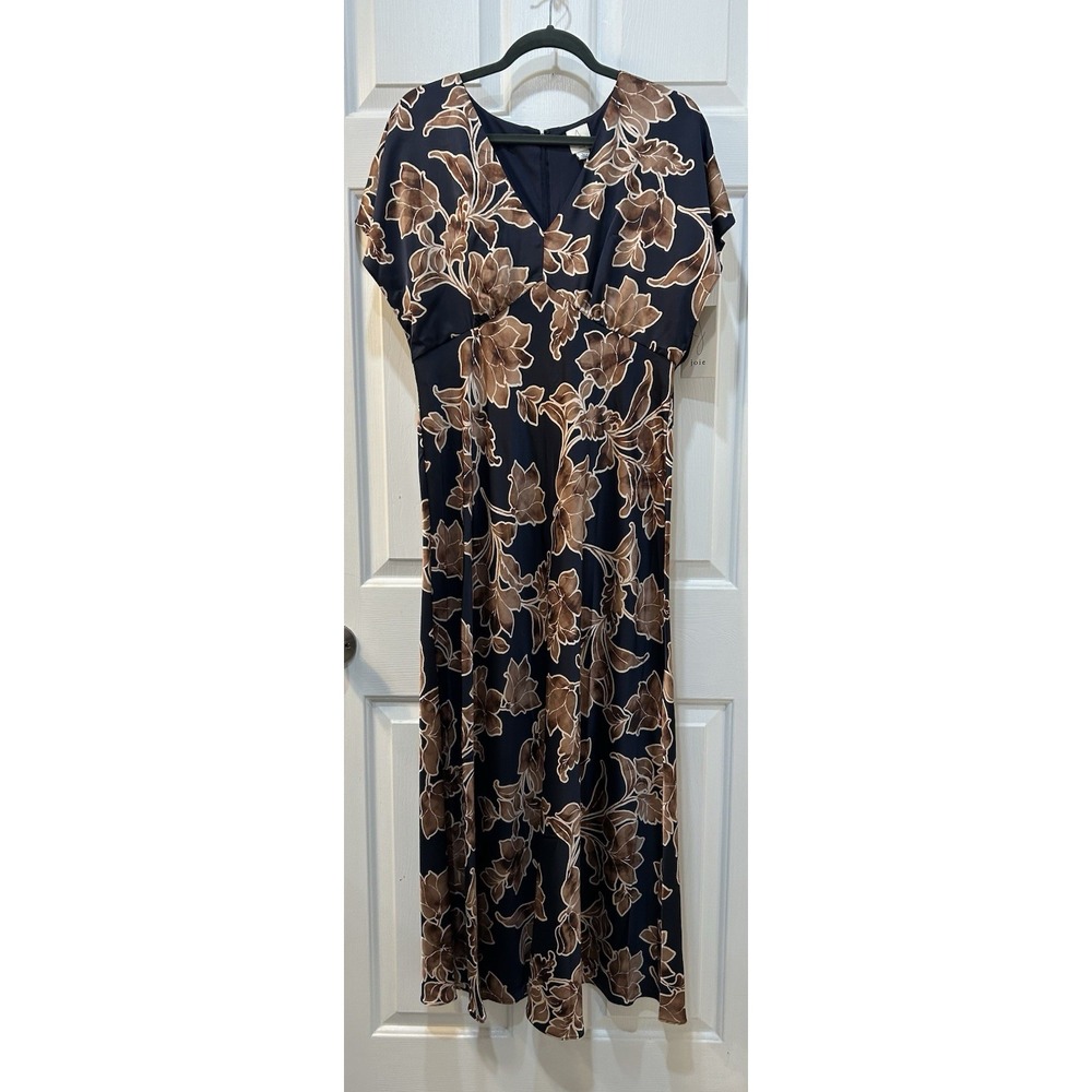 NWT Joie Navy Tan Floral Satin Maxi Dress Size L Mother Of The Bride Elegant